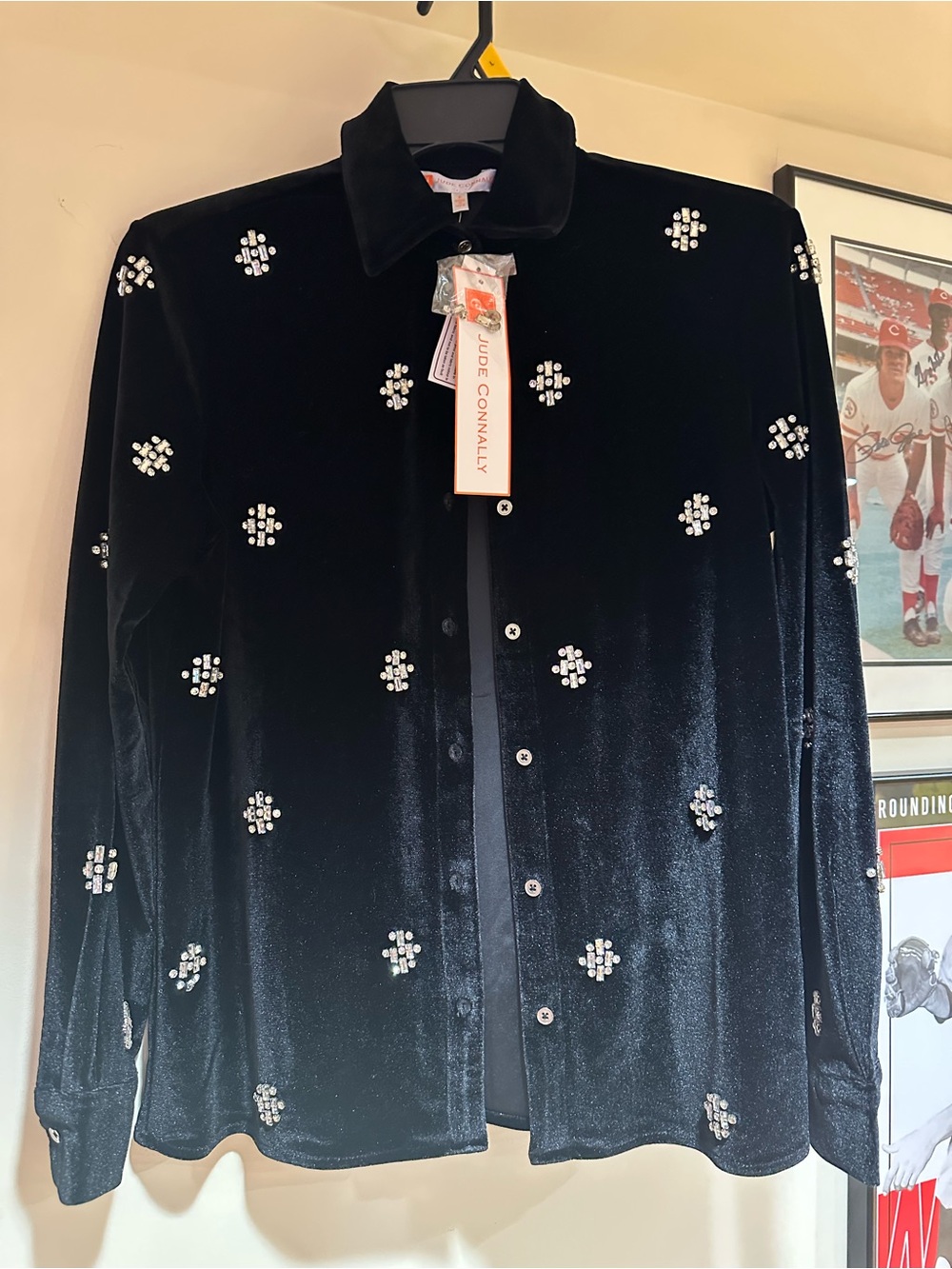 Jude Connally Brandy Black Velvet Crystal Embellished Button Down Shirt NWT